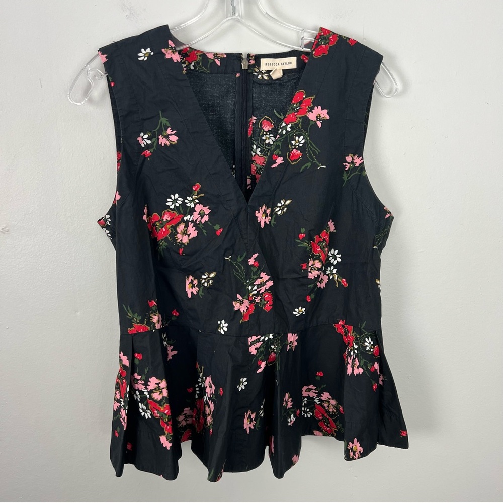 Rebecca Taylor Black Floral Sleeveless Peplum Top